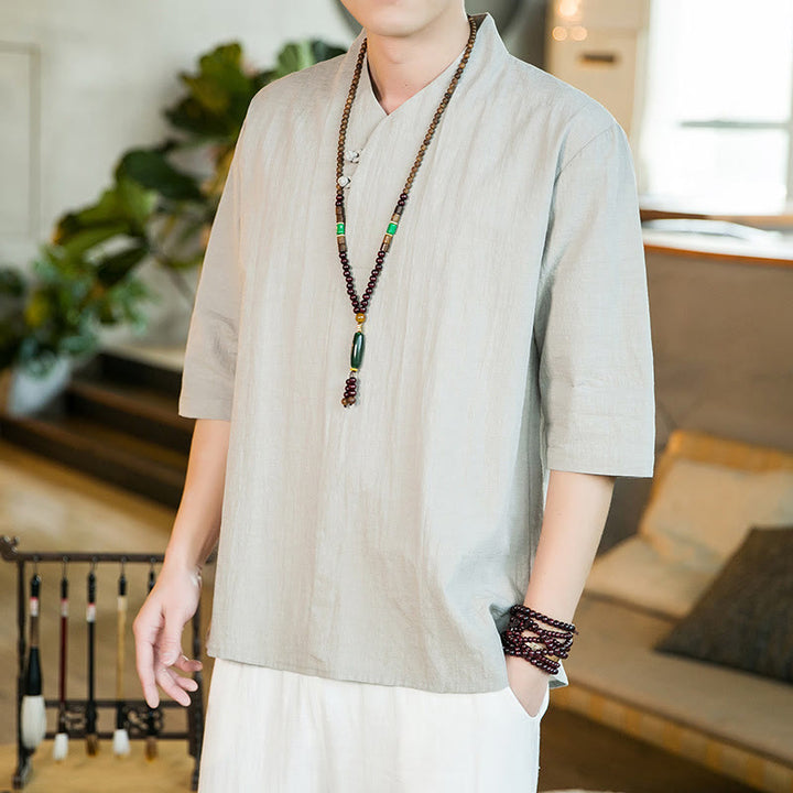 Buddha Stonesサマー ヴィンテージ 無地 カエルボタンデザイン メンズ コットン 七分袖シャツ - ダークシーグリーン - US/UK/AU46、 EU56 (5XL) - image 8