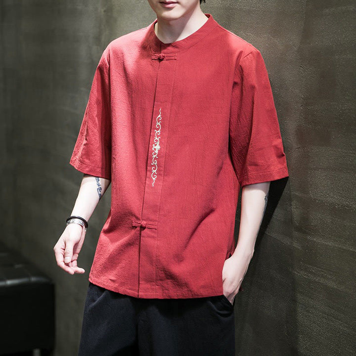 Buddha Stonesカジュアル 無地 カエルボタン 刺繍 メンズ コットン リネン シャツ カーディガン - 赤 - US/UK/AU46、 EU56 (5XL) - image 9