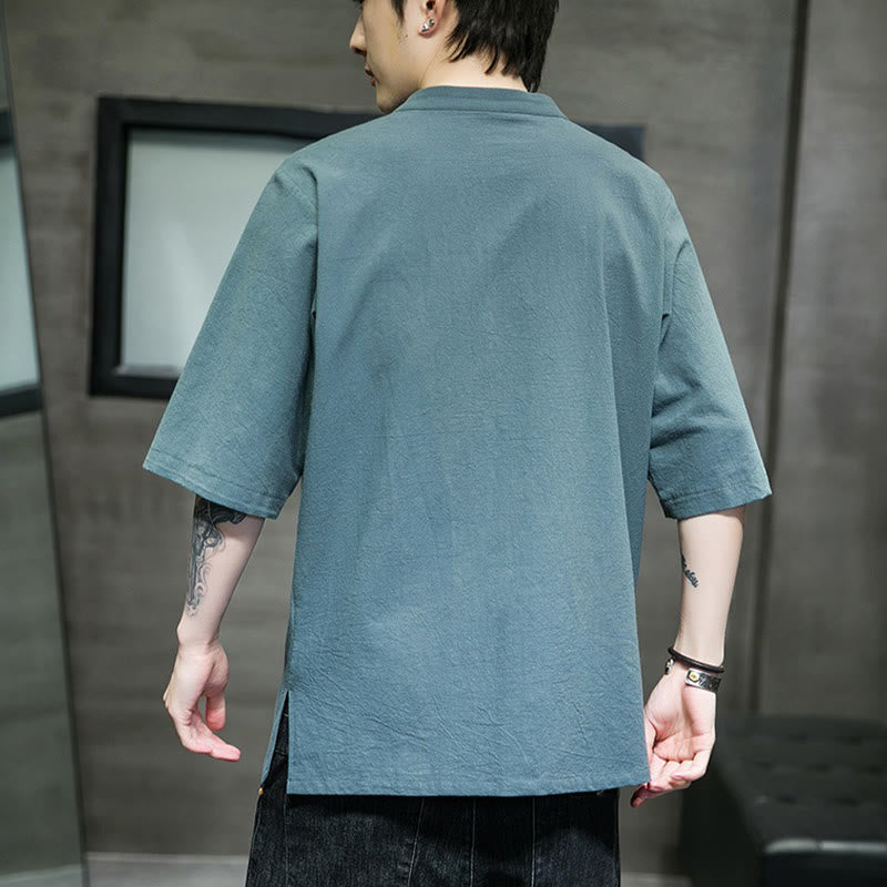 Buddha Stonesカジュアル 無地 カエルボタン 刺繍 メンズ コットン リネン シャツ カーディガン - image 3