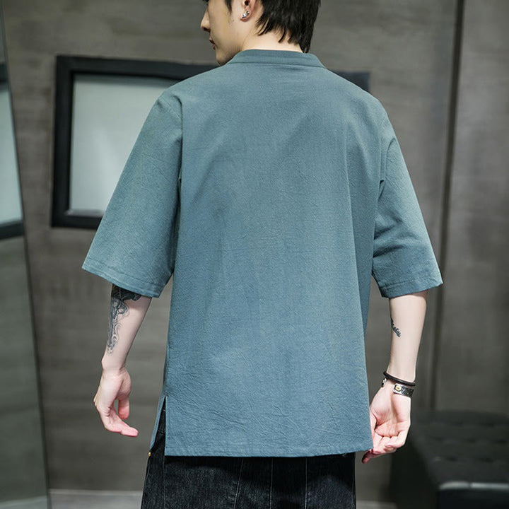 Buddha Stonesカジュアル 無地 カエルボタン 刺繍 メンズ コットン リネン シャツ カーディガン - image 3