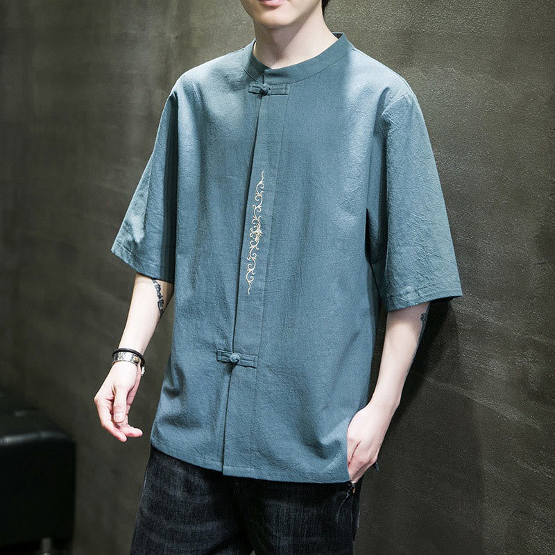 Buddha Stonesカジュアル 無地 カエルボタン 刺繍 メンズ コットン リネン シャツ カーディガン - image 1