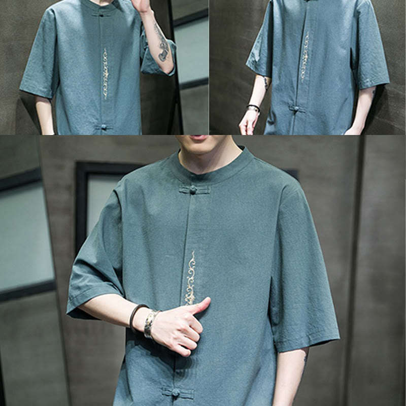 Buddha Stonesカジュアル 無地 カエルボタン 刺繍 メンズ コットン リネン シャツ カーディガン - image 8