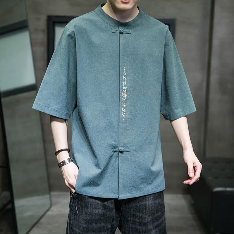 Buddha Stonesカジュアル 無地 カエルボタン 刺繍 メンズ コットン リネン シャツ カーディガン - キャデットブルー - US/UK/AU46、 EU56 (5XL) - image 0