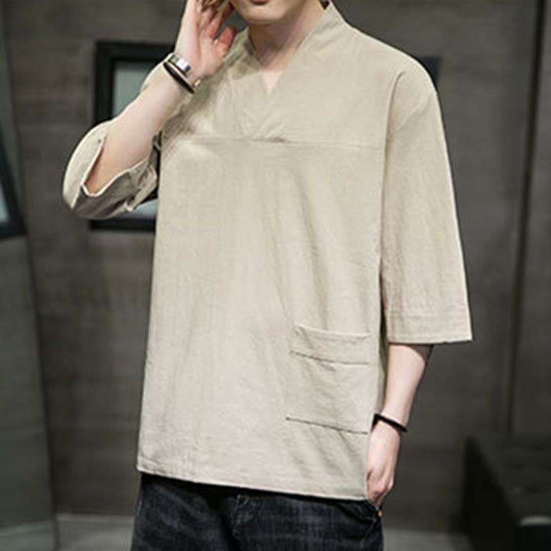 Buddha Stones夏 カジュアル シンプル Vネック デザイン メンズ コットン リネン 七分袖 Tシャツ フロントポケット付き - image 4