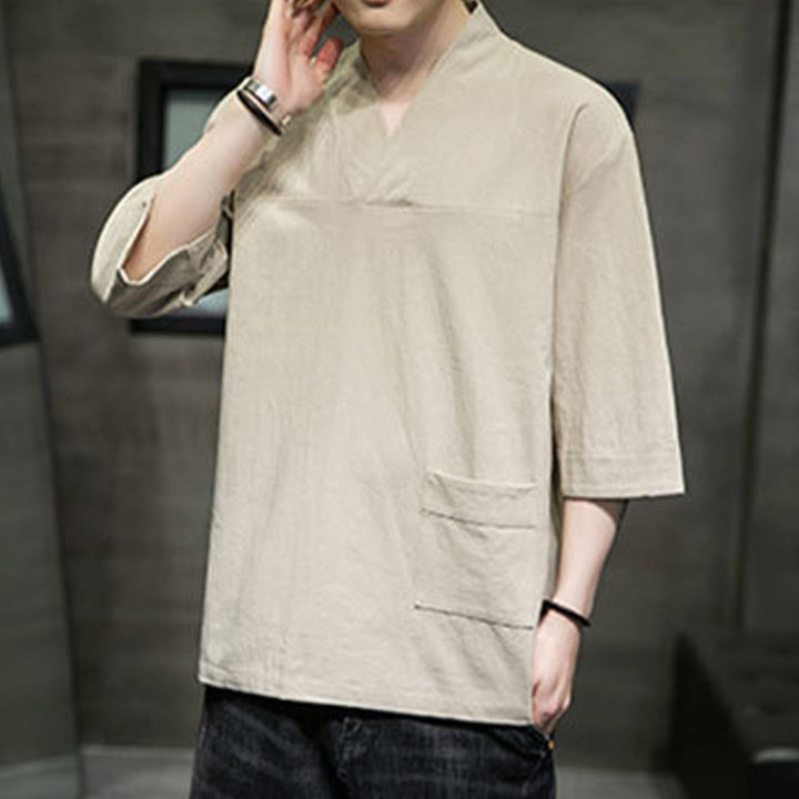 Buddha Stones夏 カジュアル シンプル Vネック デザイン メンズ コットン リネン 七分袖 Tシャツ フロントポケット付き - image 4