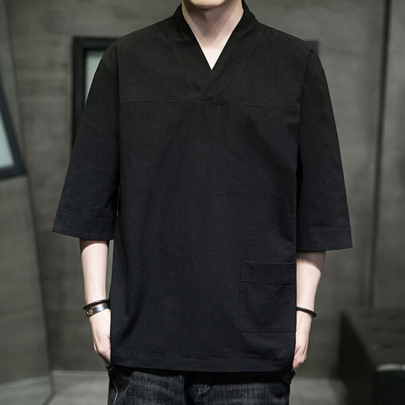 Buddha Stones夏 カジュアル シンプル Vネック デザイン メンズ コットン リネン 七分袖 Tシャツ フロントポケット付き - image 20