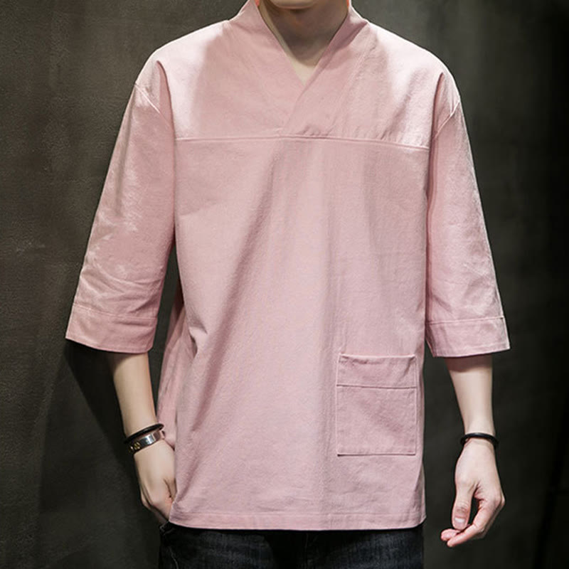 Buddha Stones夏 カジュアル シンプル Vネック デザイン メンズ コットン リネン 七分袖 Tシャツ フロントポケット付き - image 15