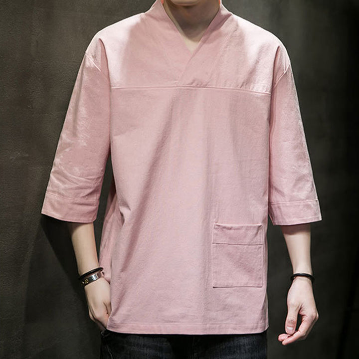 Buddha Stones夏 カジュアル シンプル Vネック デザイン メンズ コットン リネン 七分袖 Tシャツ フロントポケット付き - image 15