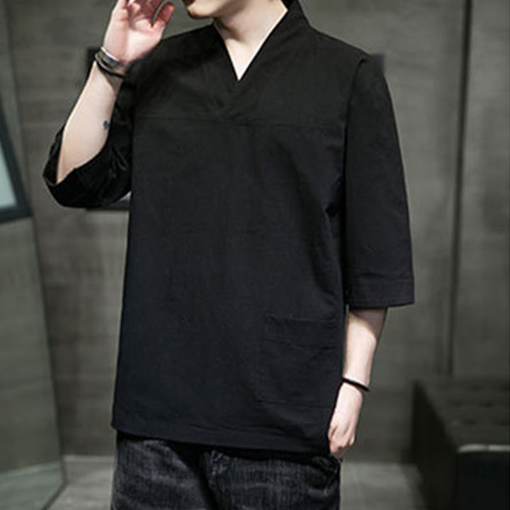 Buddha Stones夏 カジュアル シンプル Vネック デザイン メンズ コットン リネン 七分袖 Tシャツ フロントポケット付き - image 17