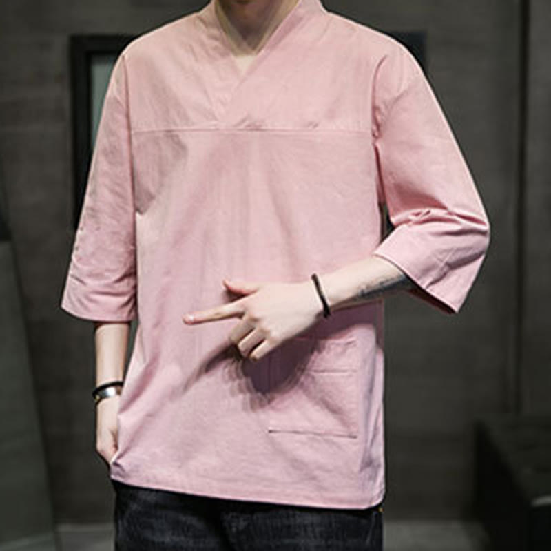 Buddha Stones夏 カジュアル シンプル Vネック デザイン メンズ コットン リネン 七分袖 Tシャツ フロントポケット付き - image 14