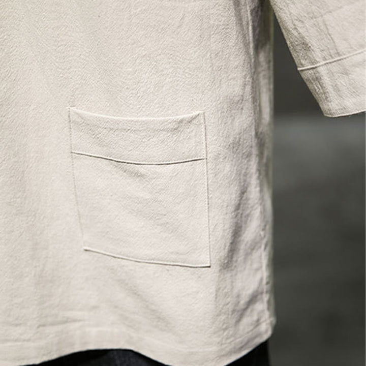 Buddha Stones夏 カジュアル シンプル Vネック デザイン メンズ コットン リネン 七分袖 Tシャツ フロントポケット付き - image 7