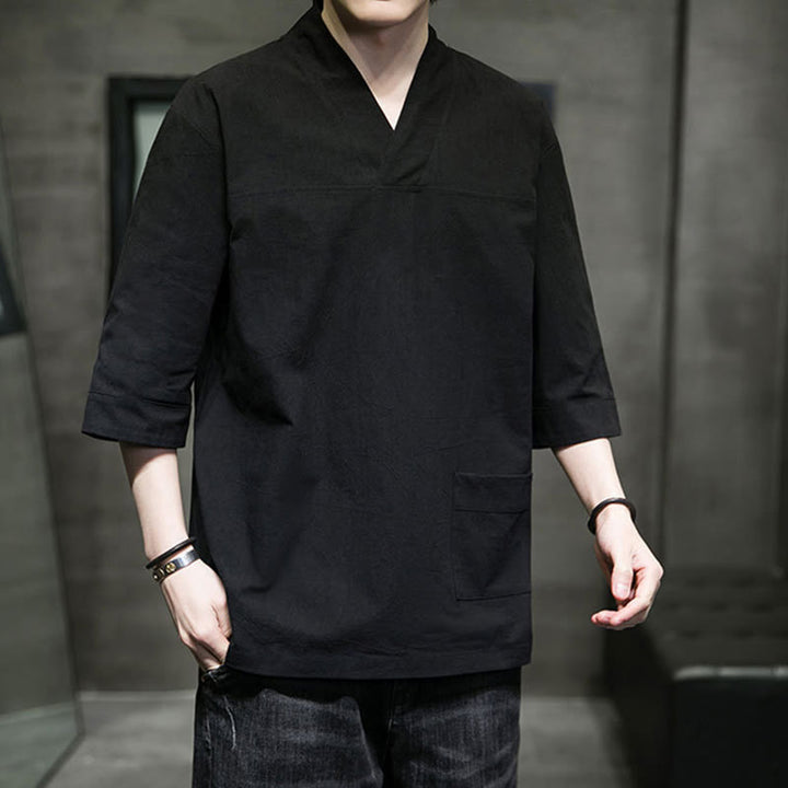 Buddha Stones夏 カジュアル シンプル Vネック デザイン メンズ コットン リネン 七分袖 Tシャツ フロントポケット付き - image 21