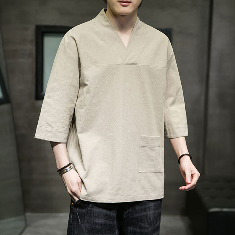 Buddha Stones夏 カジュアル シンプル Vネック デザイン メンズ コットン リネン 七分袖 Tシャツ フロントポケット付き - ペールゴールデンロッド - US/UK/AU46、 EU56 (5XL) - image 0