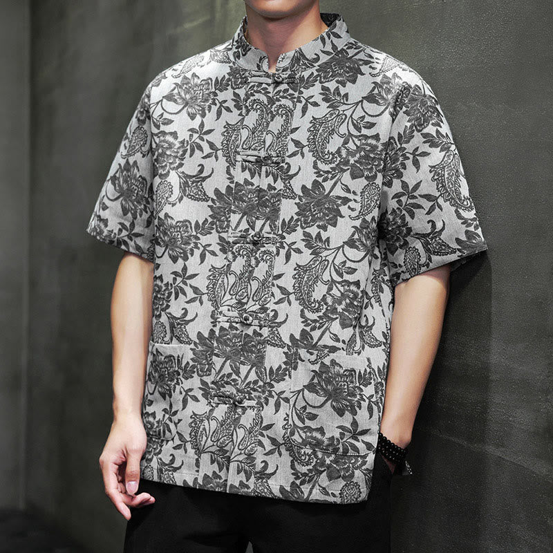 Buddha Stonesカジュアル ジャカード ペイズリー 花 植物柄 カエルボタンデザイン メンズ コットン シャツ カーディガン ポケット付き - ディムグレー - US/UK/AU44、 EU54 (4XL) - image 21