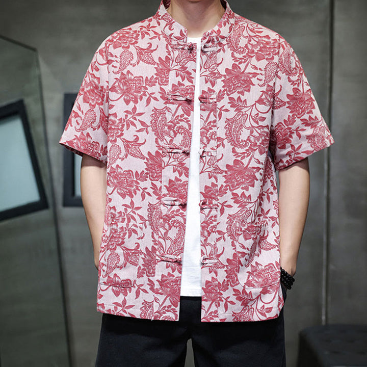 Buddha Stonesカジュアル ジャカード ペイズリー 花 植物柄 カエルボタンデザイン メンズ コットン シャツ カーディガン ポケット付き - image 4