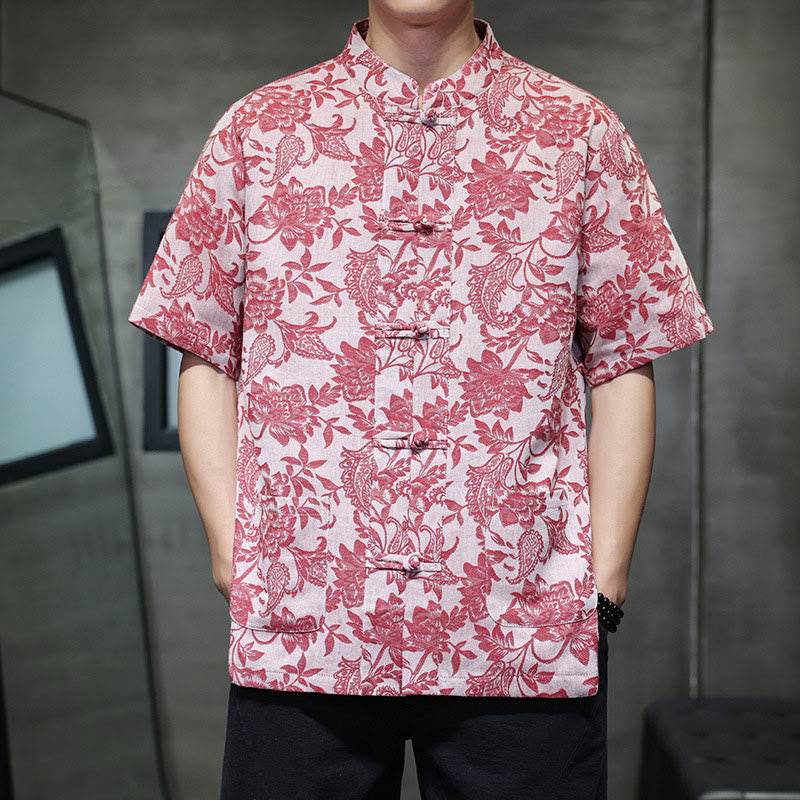 Buddha Stonesカジュアル ジャカード ペイズリー 花 植物柄 カエルボタンデザイン メンズ コットン シャツ カーディガン ポケット付き - ペールバイオレットレッド - US/UK/AU44、 EU54 (4XL) - image 0