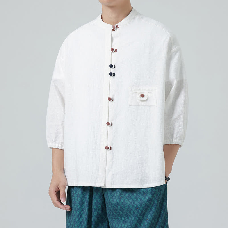 Buddha Stones夏用 カエルボタンフロントスタンドカラー メンズ 七分袖 コットンシャツカーディガン ポケット付き - image 3