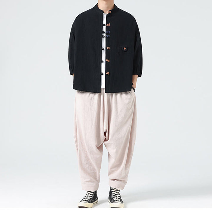 Buddha Stones夏用 カエルボタンフロントスタンドカラー メンズ 七分袖 コットンシャツカーディガン ポケット付き - image 17