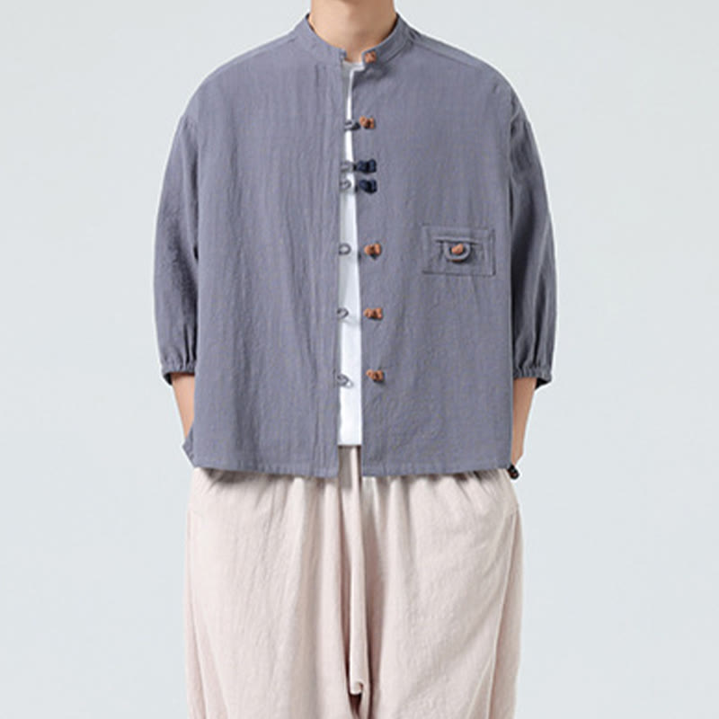 Buddha Stones夏用 カエルボタンフロントスタンドカラー メンズ 七分袖 コットンシャツカーディガン ポケット付き - image 24