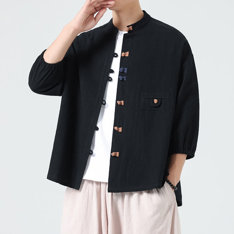 Buddha Stones夏用 カエルボタンフロントスタンドカラー メンズ 七分袖 コットンシャツカーディガン ポケット付き - 黒 - US/UK/AU46、 EU56 (5XL) - image 9