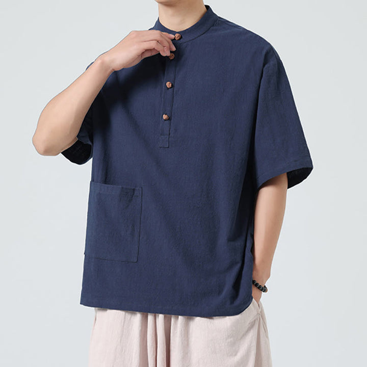 Buddha Stonesカジュアル ハーフフロッグボタンデザイン スタンドカラー タンスーツ メンズ 半袖 コットンシャツ ポケット付き - image 3