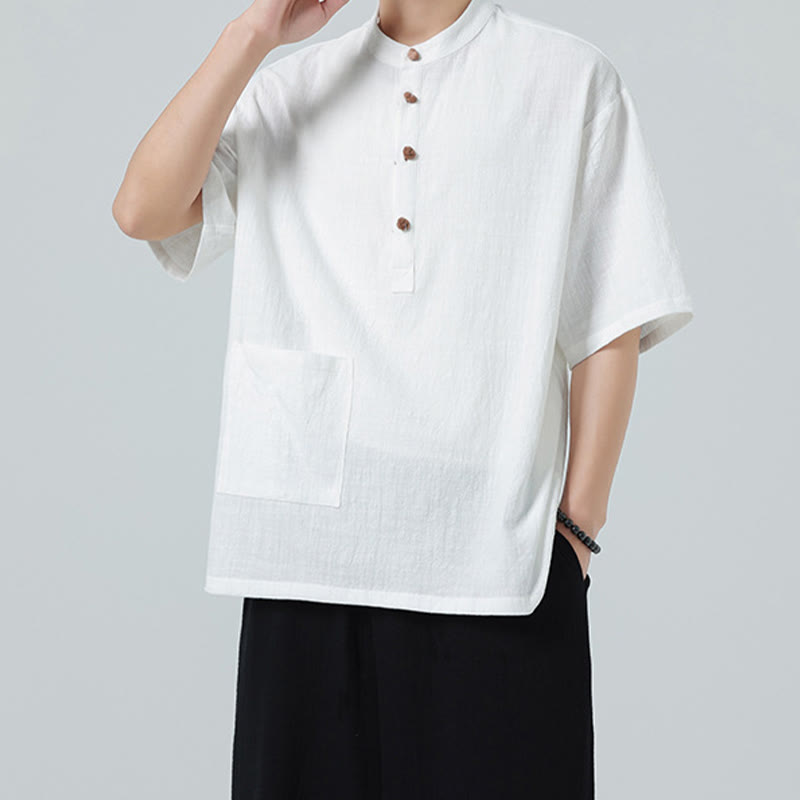 Buddha Stonesカジュアル ハーフフロッグボタンデザイン スタンドカラー タンスーツ メンズ 半袖 コットンシャツ ポケット付き - image 19