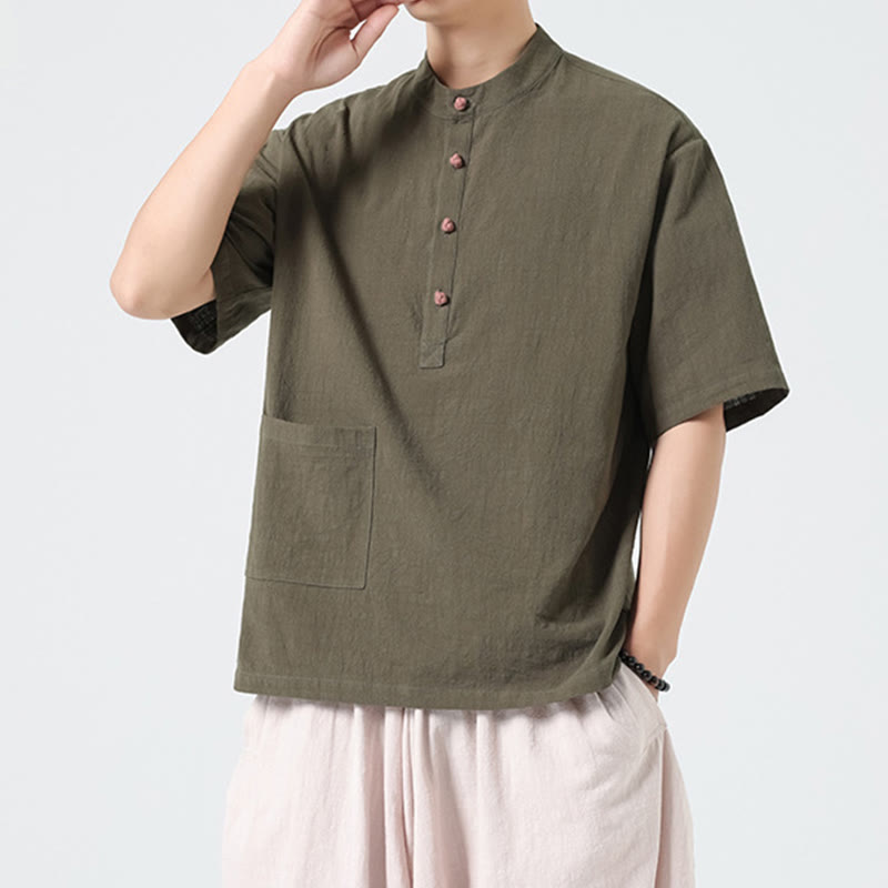 Buddha Stonesカジュアル ハーフフロッグボタンデザイン スタンドカラー タンスーツ メンズ 半袖 コットンシャツ ポケット付き - image 24