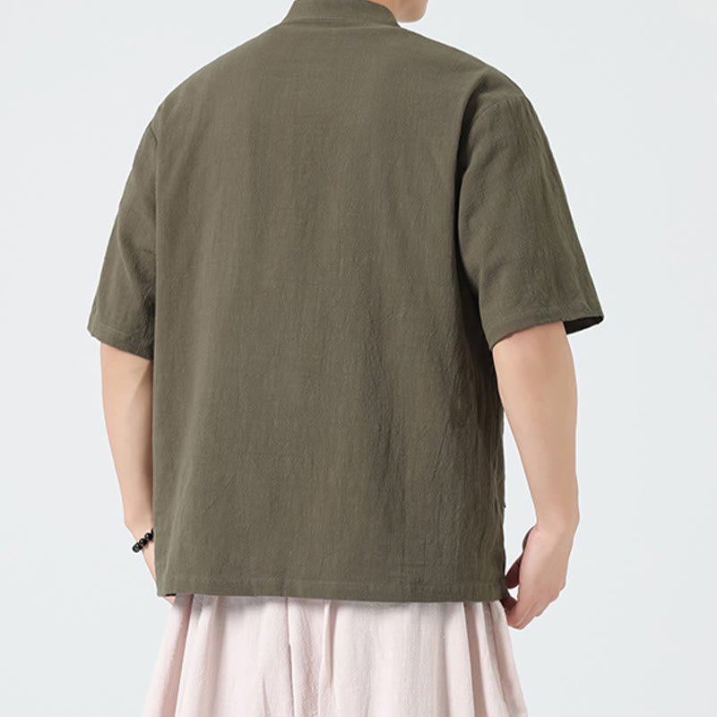 Buddha Stonesカジュアル ハーフフロッグボタンデザイン スタンドカラー タンスーツ メンズ 半袖 コットンシャツ ポケット付き - image 27