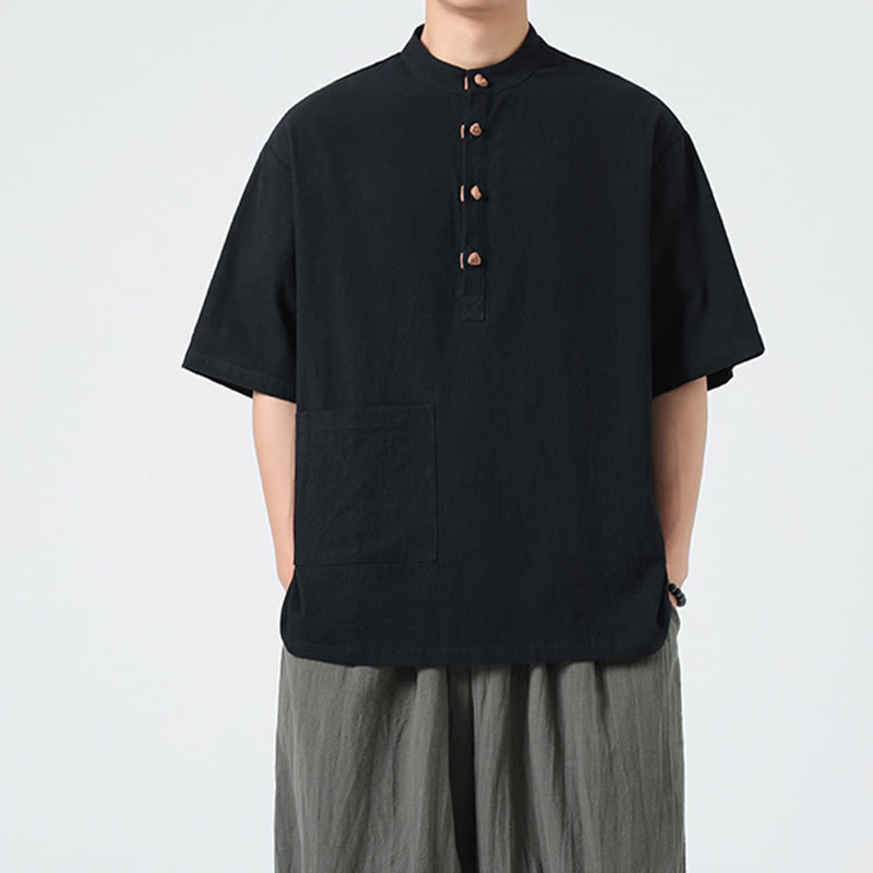 Buddha Stonesカジュアル ハーフフロッグボタンデザイン スタンドカラー タンスーツ メンズ 半袖 コットンシャツ ポケット付き - 黒 - US/UK/AU46、 EU56 (5XL) - image 9