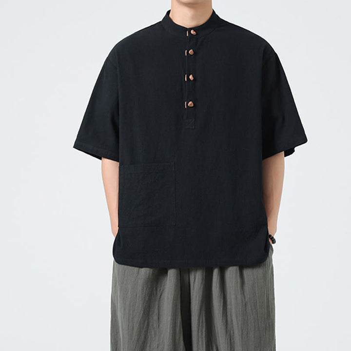 Buddha Stonesカジュアル ハーフフロッグボタンデザイン スタンドカラー タンスーツ メンズ 半袖 コットンシャツ ポケット付き - 黒 - US/UK/AU46、 EU56 (5XL) - image 9