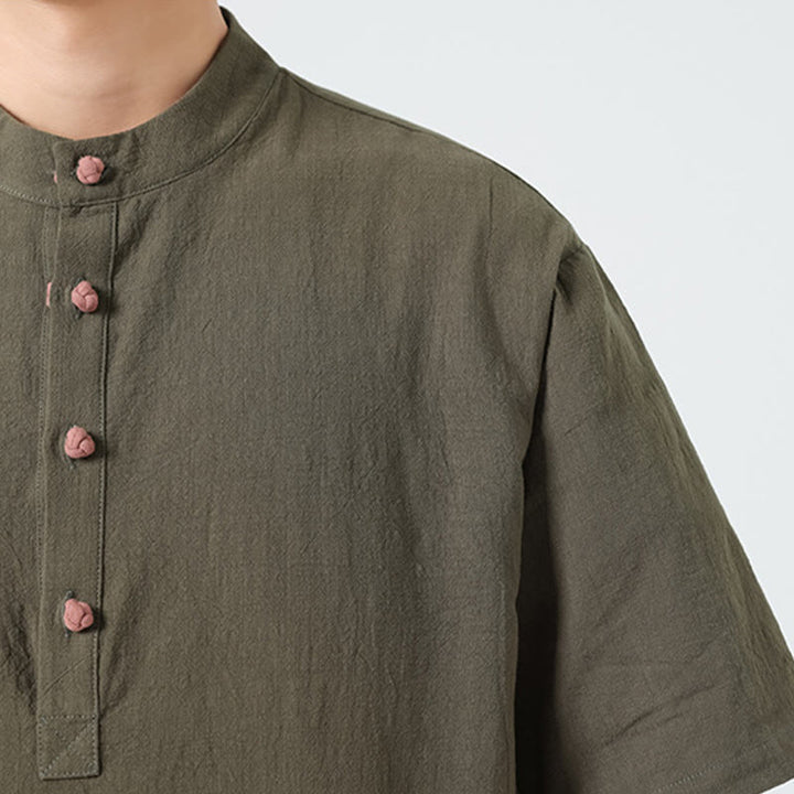 Buddha Stonesカジュアル ハーフフロッグボタンデザイン スタンドカラー タンスーツ メンズ 半袖 コットンシャツ ポケット付き - image 28