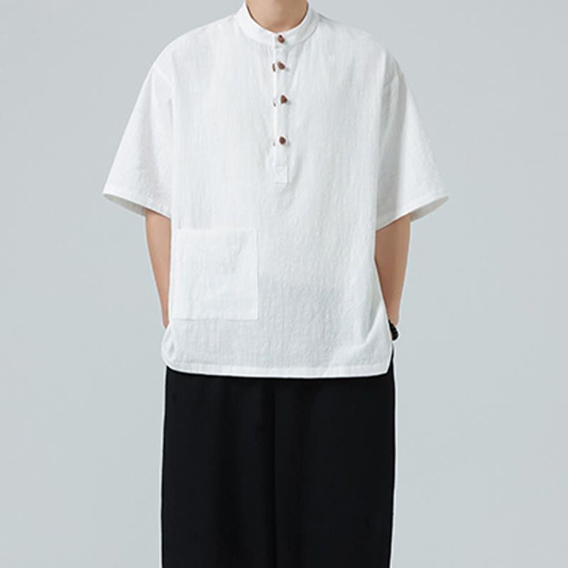 Buddha Stonesカジュアル ハーフフロッグボタンデザイン スタンドカラー タンスーツ メンズ 半袖 コットンシャツ ポケット付き - image 20