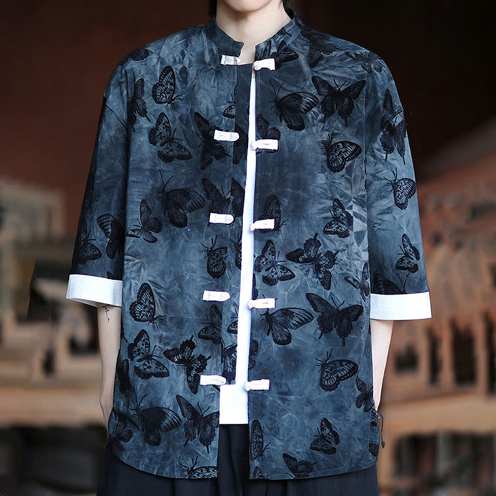 Buddha Stonesジャカード蝶柄ホワイトフロッグボタンデザインスタンドカラーメンズ七分袖コットンシャツカーディガン - image 13