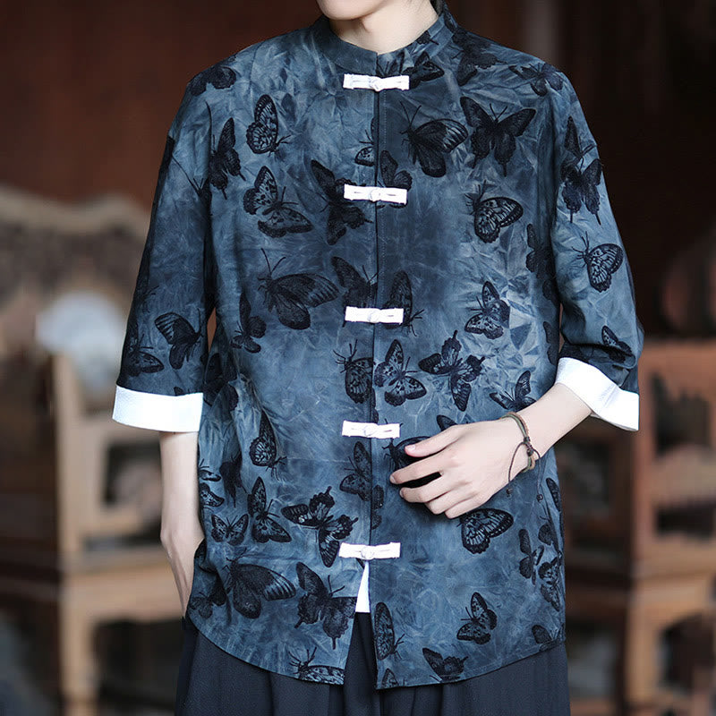 Buddha Stonesジャカード蝶柄ホワイトフロッグボタンデザインスタンドカラーメンズ七分袖コットンシャツカーディガン - image 14