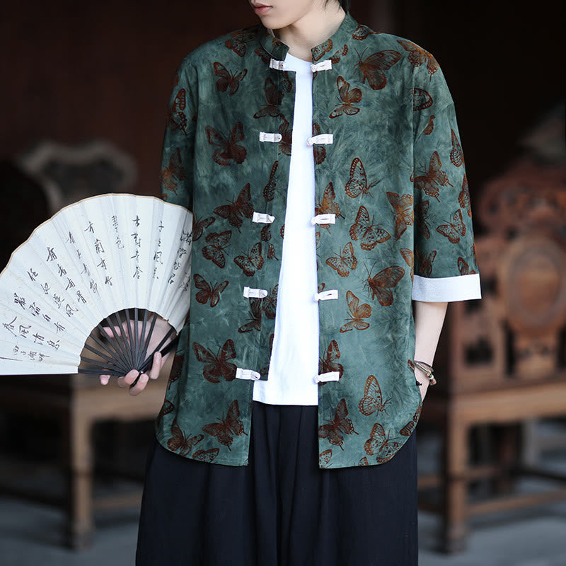 Buddha Stonesジャカード蝶柄ホワイトフロッグボタンデザインスタンドカラーメンズ七分袖コットンシャツカーディガン - image 1