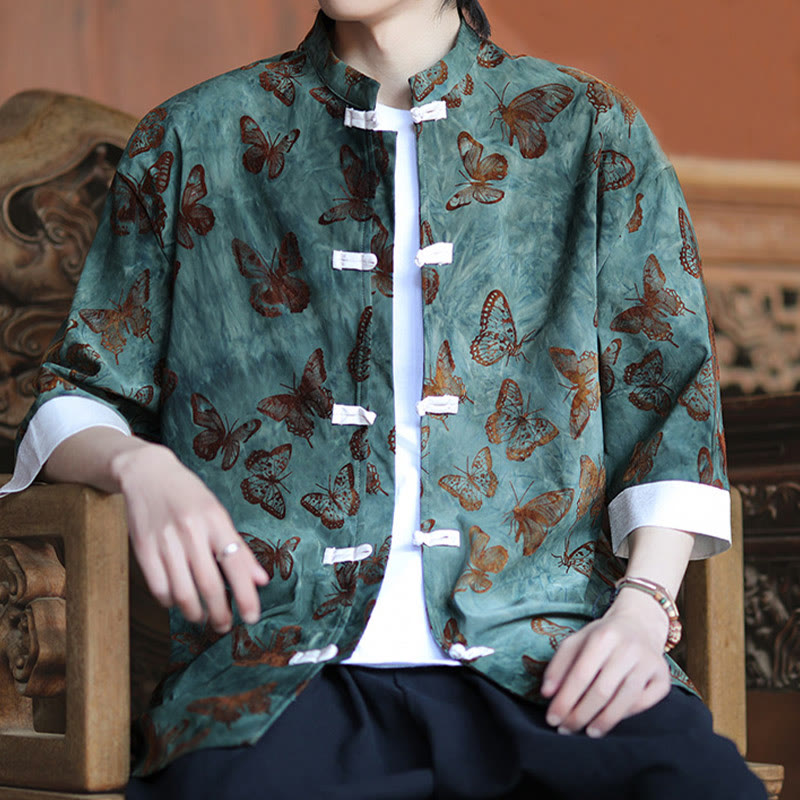 Buddha Stonesジャカード蝶柄ホワイトフロッグボタンデザインスタンドカラーメンズ七分袖コットンシャツカーディガン - image 6