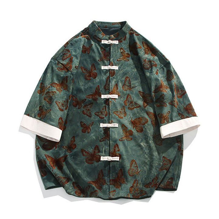 Buddha Stonesジャカード蝶柄ホワイトフロッグボタンデザインスタンドカラーメンズ七分袖コットンシャツカーディガン - image 7