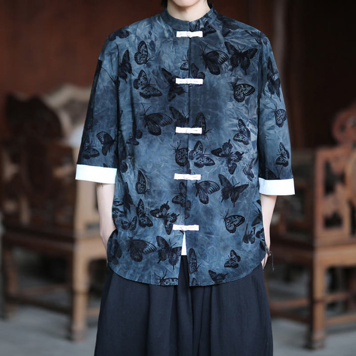 Buddha Stonesジャカード蝶柄ホワイトフロッグボタンデザインスタンドカラーメンズ七分袖コットンシャツカーディガン - image 10