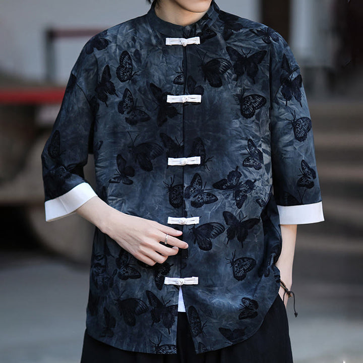 Buddha Stonesジャカード蝶柄ホワイトフロッグボタンデザインスタンドカラーメンズ七分袖コットンシャツカーディガン - image 16