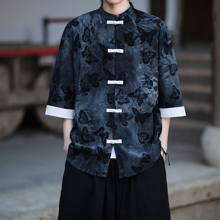 Buddha Stonesジャカード蝶柄ホワイトフロッグボタンデザインスタンドカラーメンズ七分袖コットンシャツカーディガン - ミッドナイトブルー - US/UK/AU46、 EU56 (5XL) - image 8