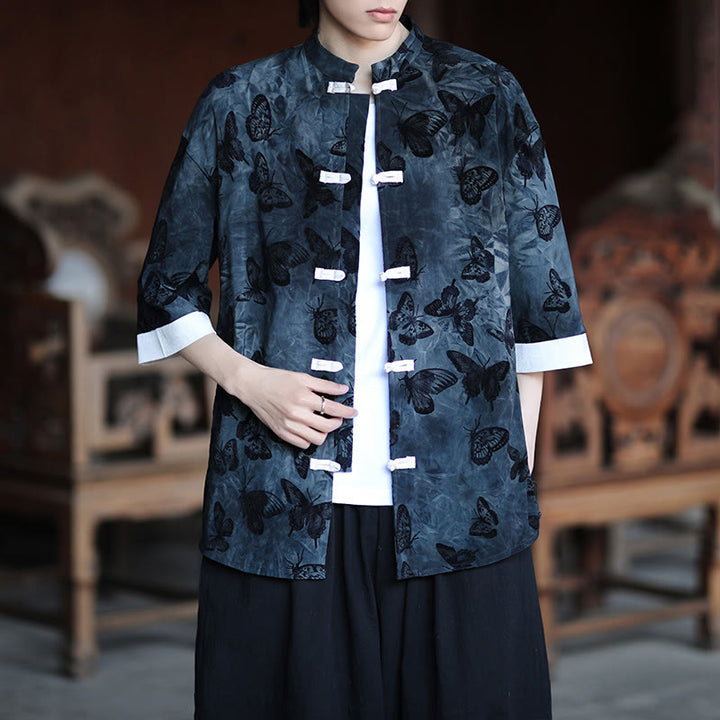 Buddha Stonesジャカード蝶柄ホワイトフロッグボタンデザインスタンドカラーメンズ七分袖コットンシャツカーディガン - image 11