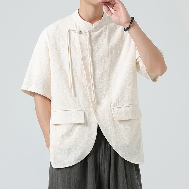 Buddha Stonesヴィンテージ 無地 不規則な裾デザイン スタンドカラー メンズ 半袖 コットンシャツ カーディガン ポケット付き - image 2