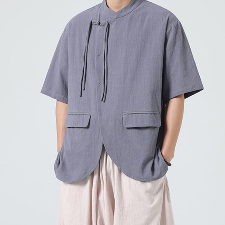 Buddha Stonesヴィンテージ 無地 不規則な裾デザイン スタンドカラー メンズ 半袖 コットンシャツ カーディガン ポケット付き - image 21