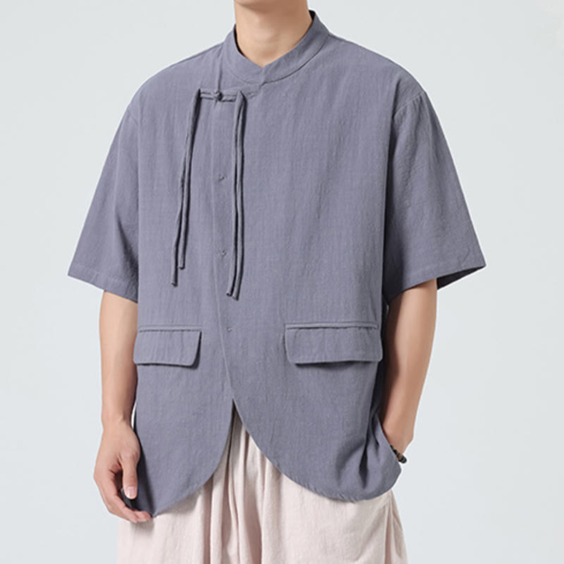 Buddha Stonesヴィンテージ 無地 不規則な裾デザイン スタンドカラー メンズ 半袖 コットンシャツ カーディガン ポケット付き - image 22