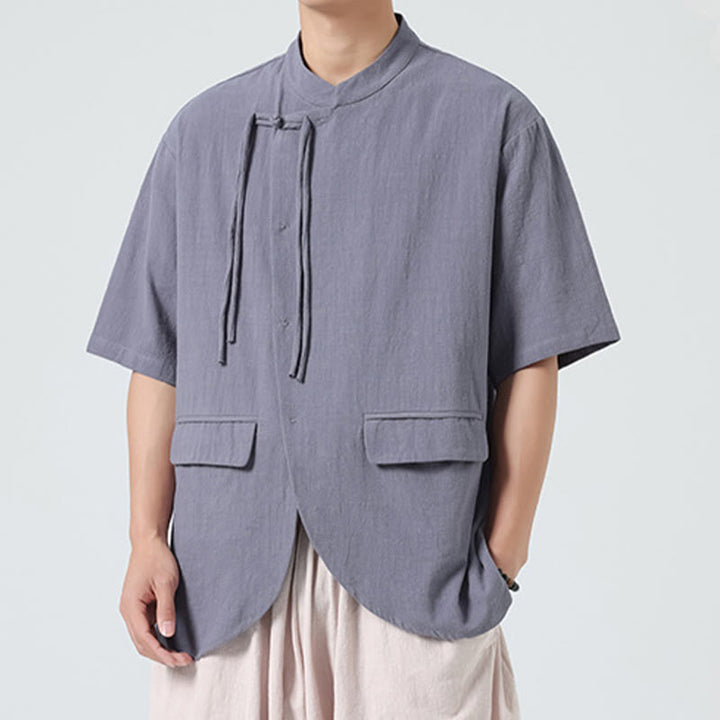 Buddha Stonesヴィンテージ 無地 不規則な裾デザイン スタンドカラー メンズ 半袖 コットンシャツ カーディガン ポケット付き - image 22