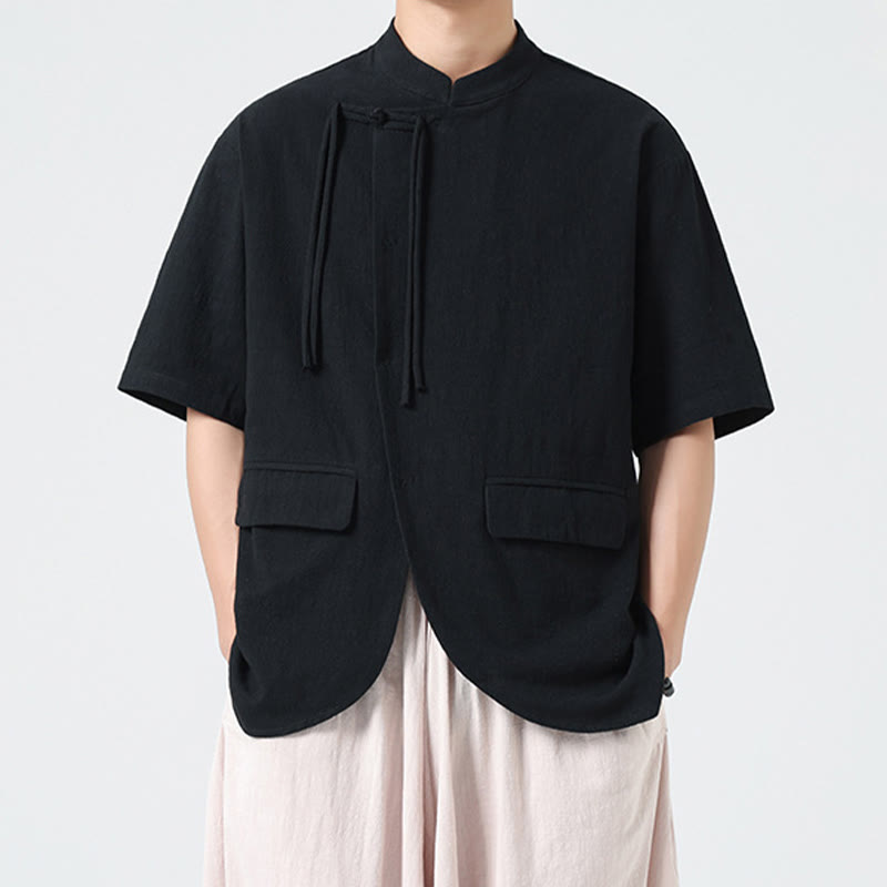 Buddha Stonesヴィンテージ 無地 不規則な裾デザイン スタンドカラー メンズ 半袖 コットンシャツ カーディガン ポケット付き - image 13