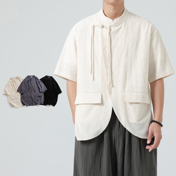 Buddha Stonesヴィンテージ 無地 不規則な裾デザイン スタンドカラー メンズ 半袖 コットンシャツ カーディガン ポケット付き - image 7