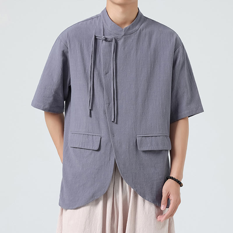 Buddha Stonesヴィンテージ 無地 不規則な裾デザイン スタンドカラー メンズ 半袖 コットンシャツ カーディガン ポケット付き - image 23