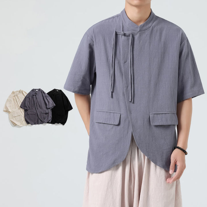 Buddha Stonesヴィンテージ 無地 不規則な裾デザイン スタンドカラー メンズ 半袖 コットンシャツ カーディガン ポケット付き - image 19