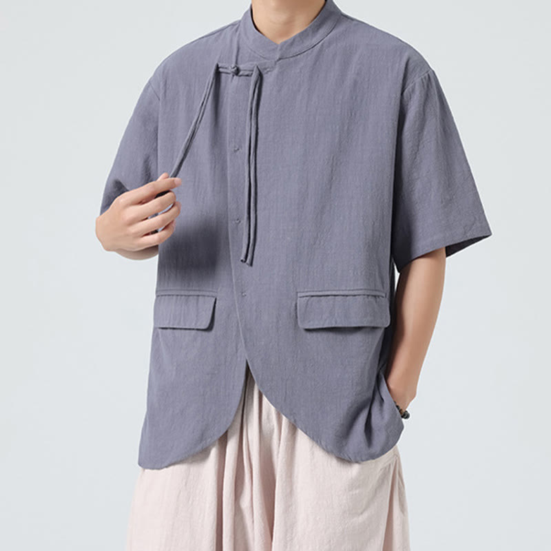 Buddha Stonesヴィンテージ 無地 不規則な裾デザイン スタンドカラー メンズ 半袖 コットンシャツ カーディガン ポケット付き - image 20